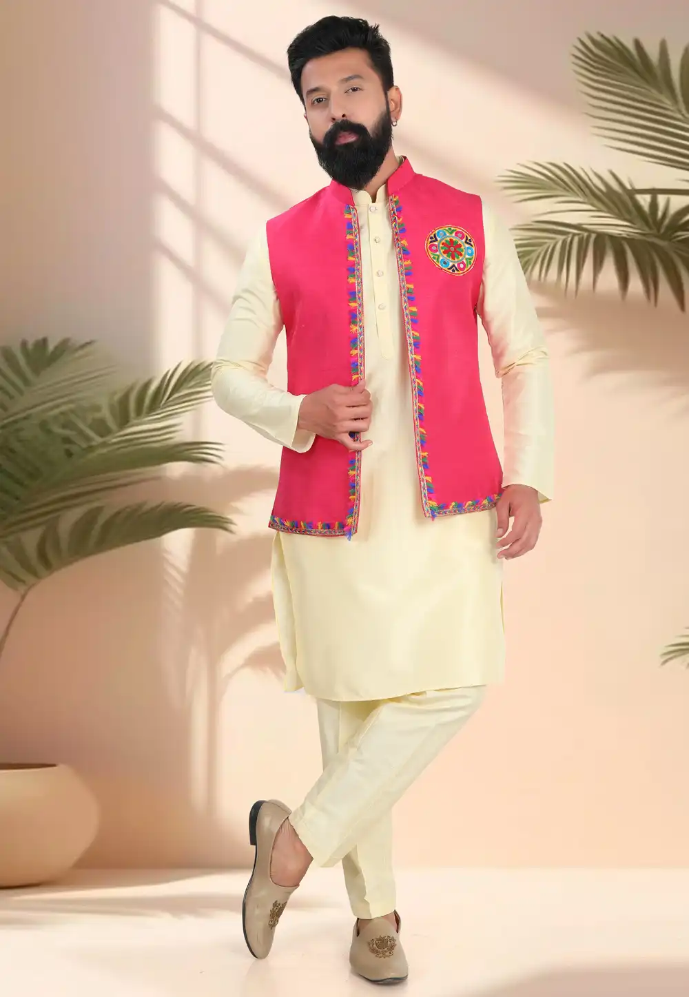 Light Yellow Silk Navratri Kurta Pajama With Jacket 316317