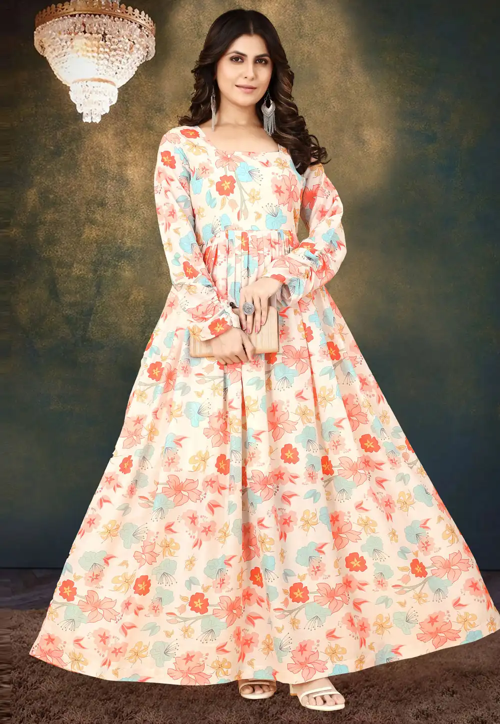 Cream Muslin Printed Gown 267132