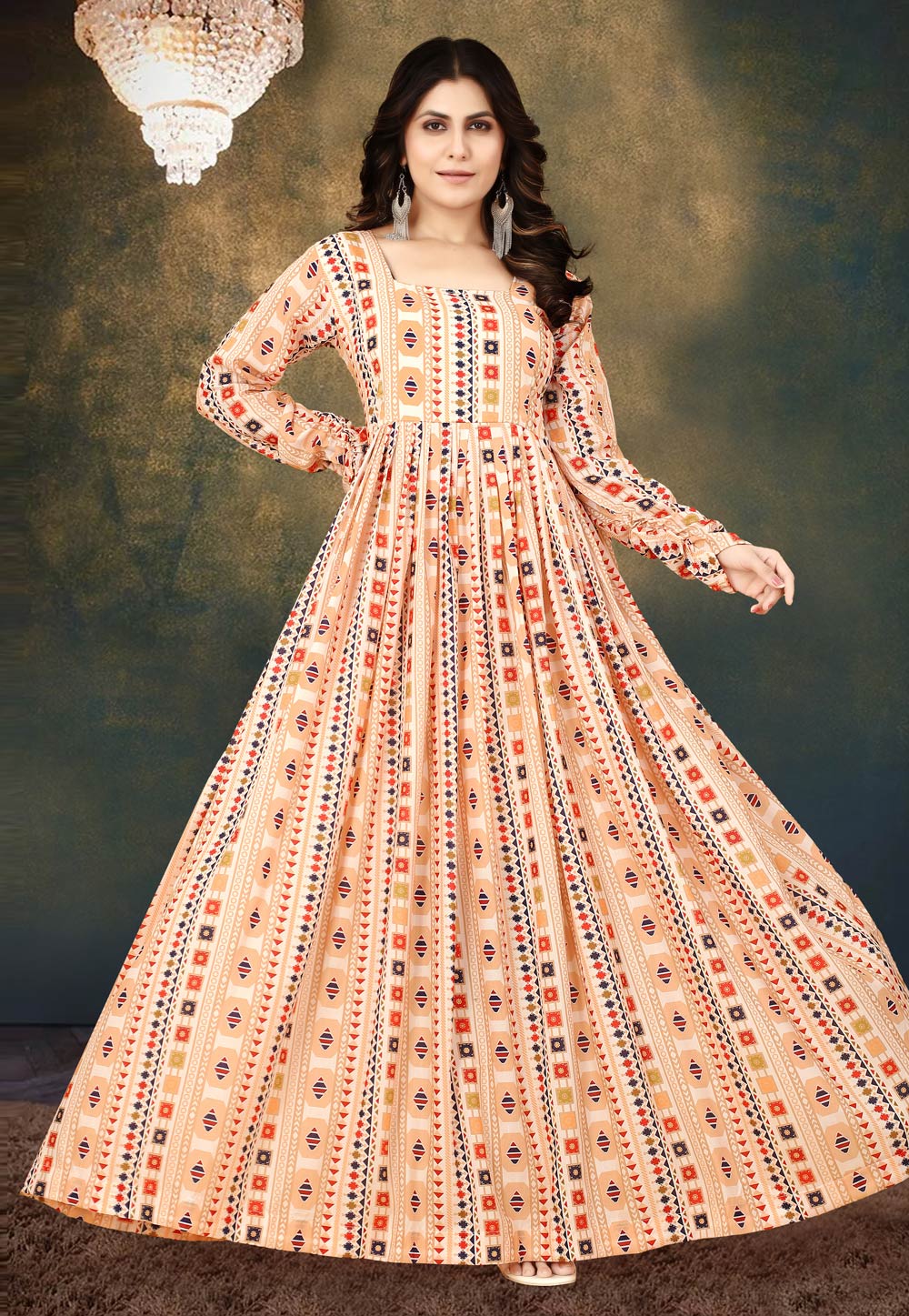 Peach Muslin Printed Gown 267133