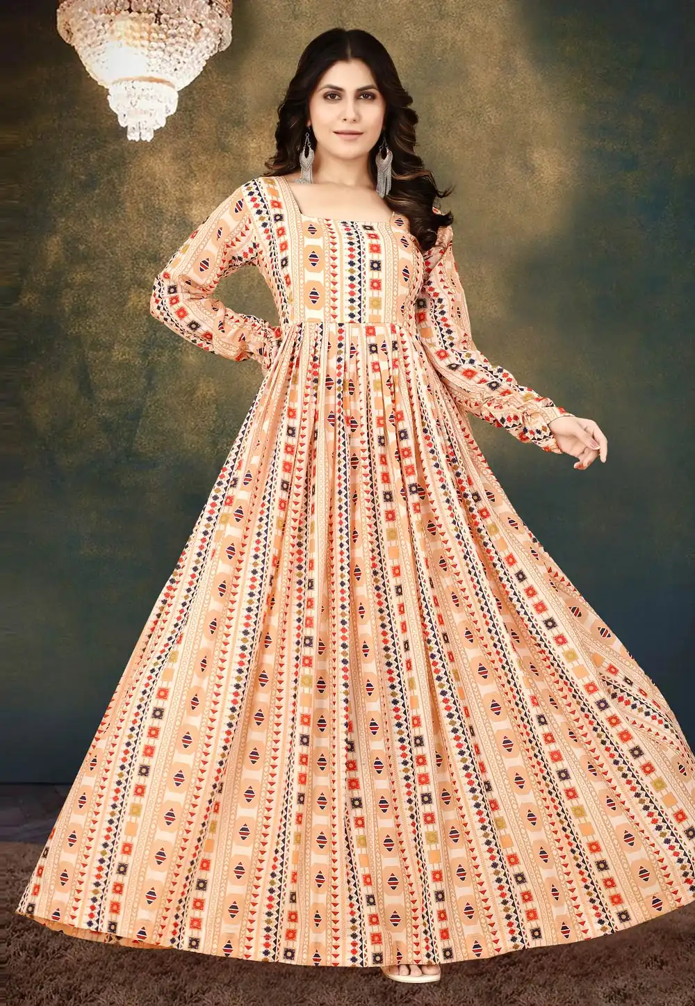 Peach Muslin Printed Gown 267133