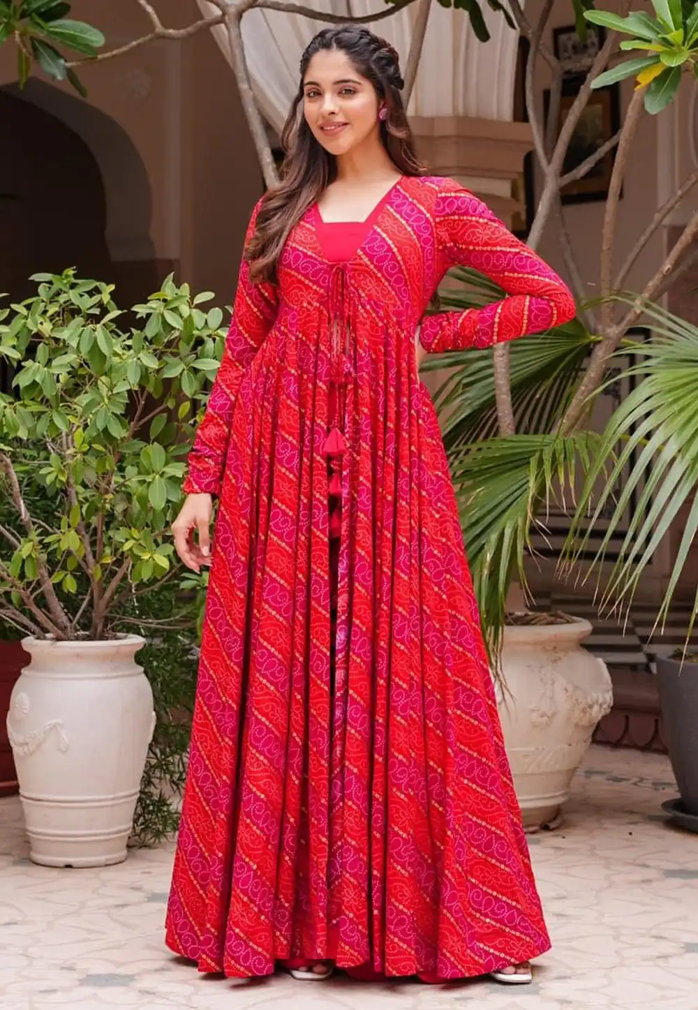 Red Faux Georgette Readymade Indo Western Lehenga Choli 268608