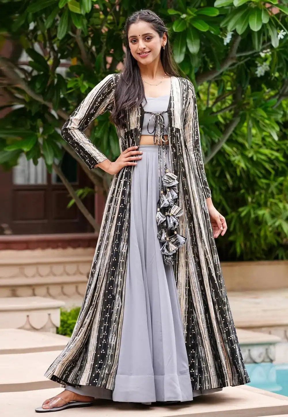 Grey Faux Georgette Readymade Indo Western Lehenga Choli 268610