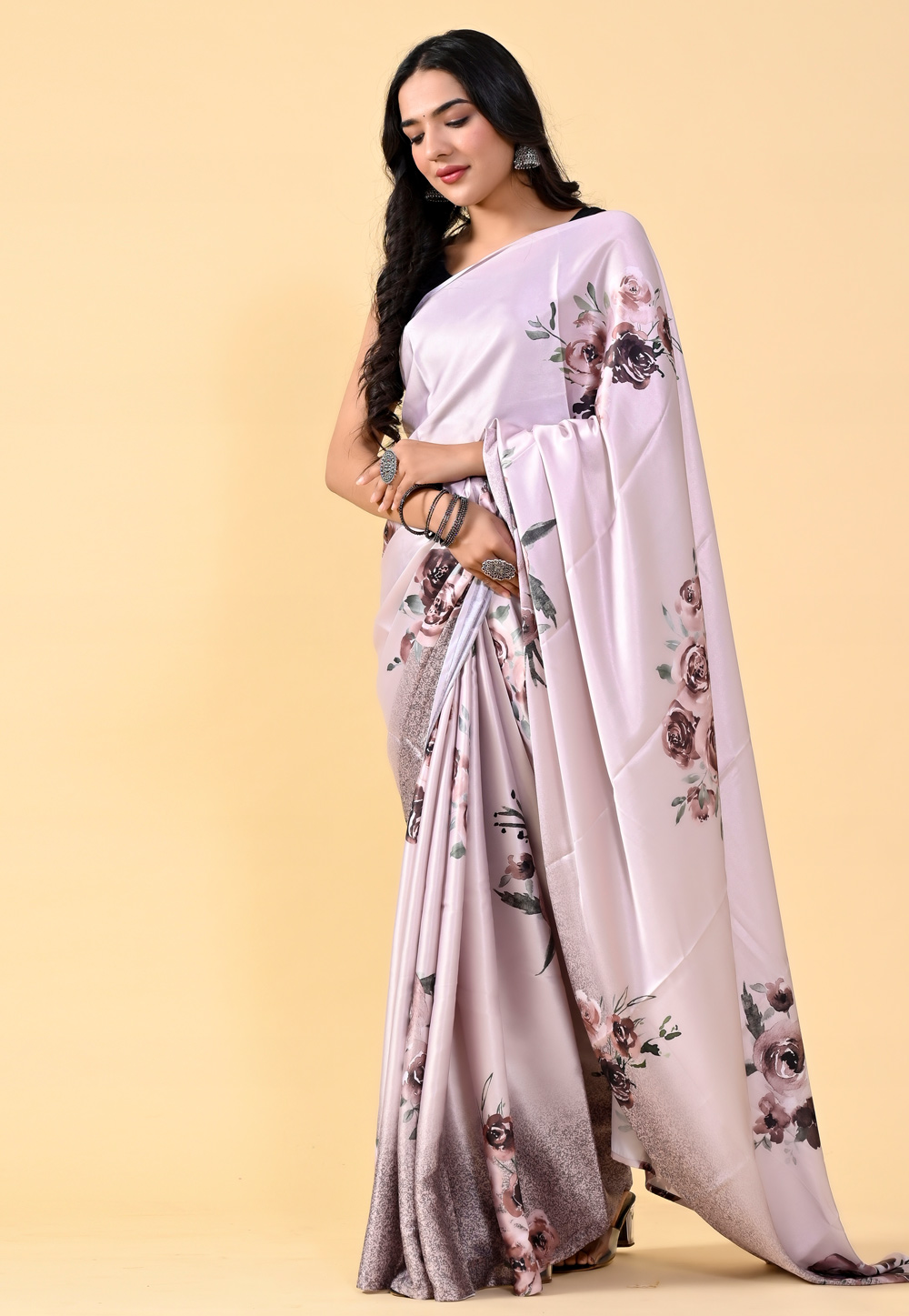Cream Satin Silk Saree With Blouse 264441
