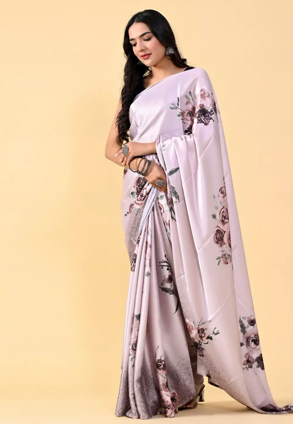 Cream Satin Silk Saree With Blouse 264441