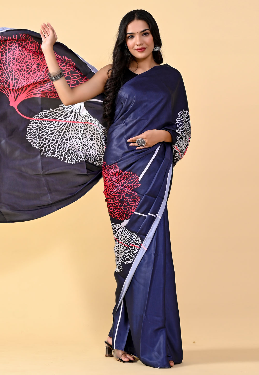 Navy Blue Satin Silk Saree With Blouse 264443