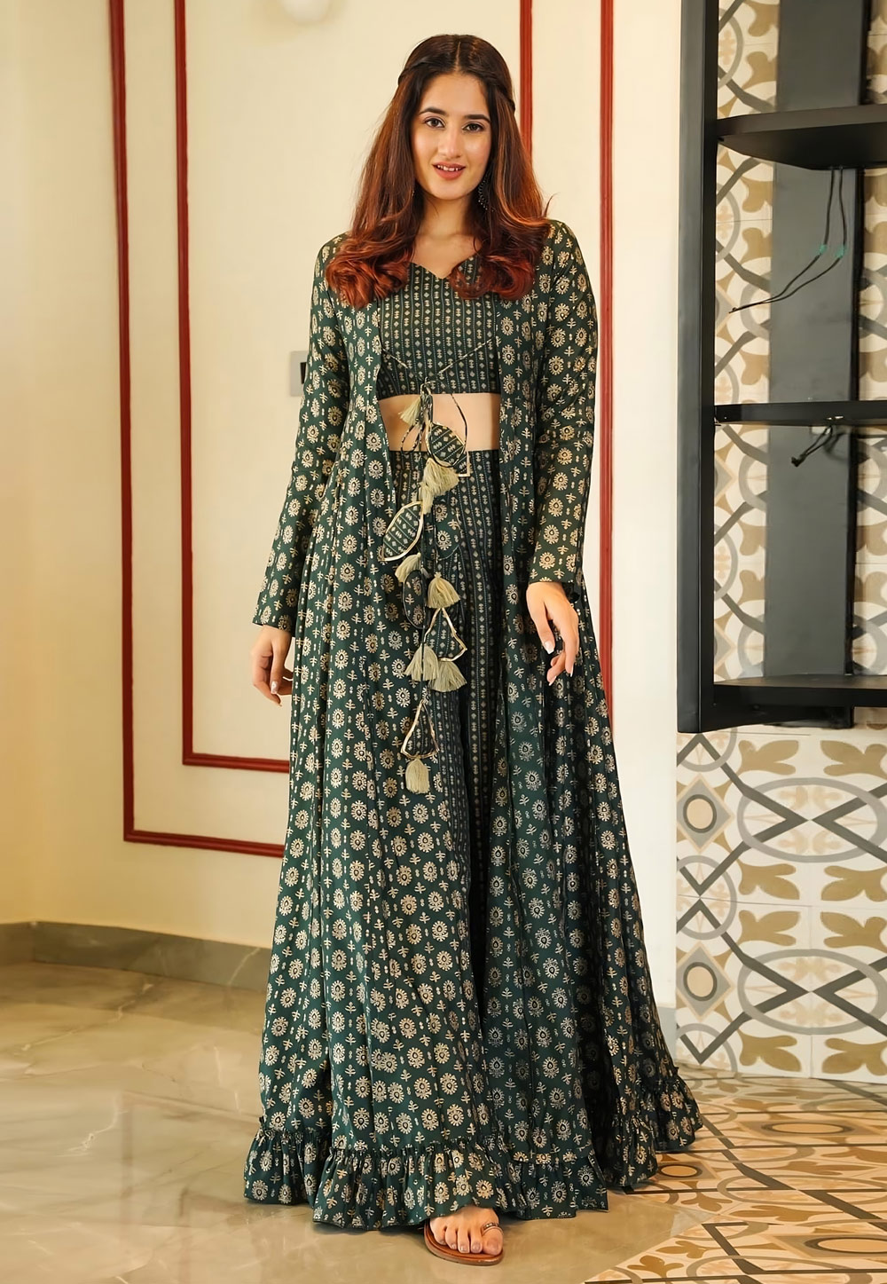 Green Muslin Kurta Set With Jacket 267549