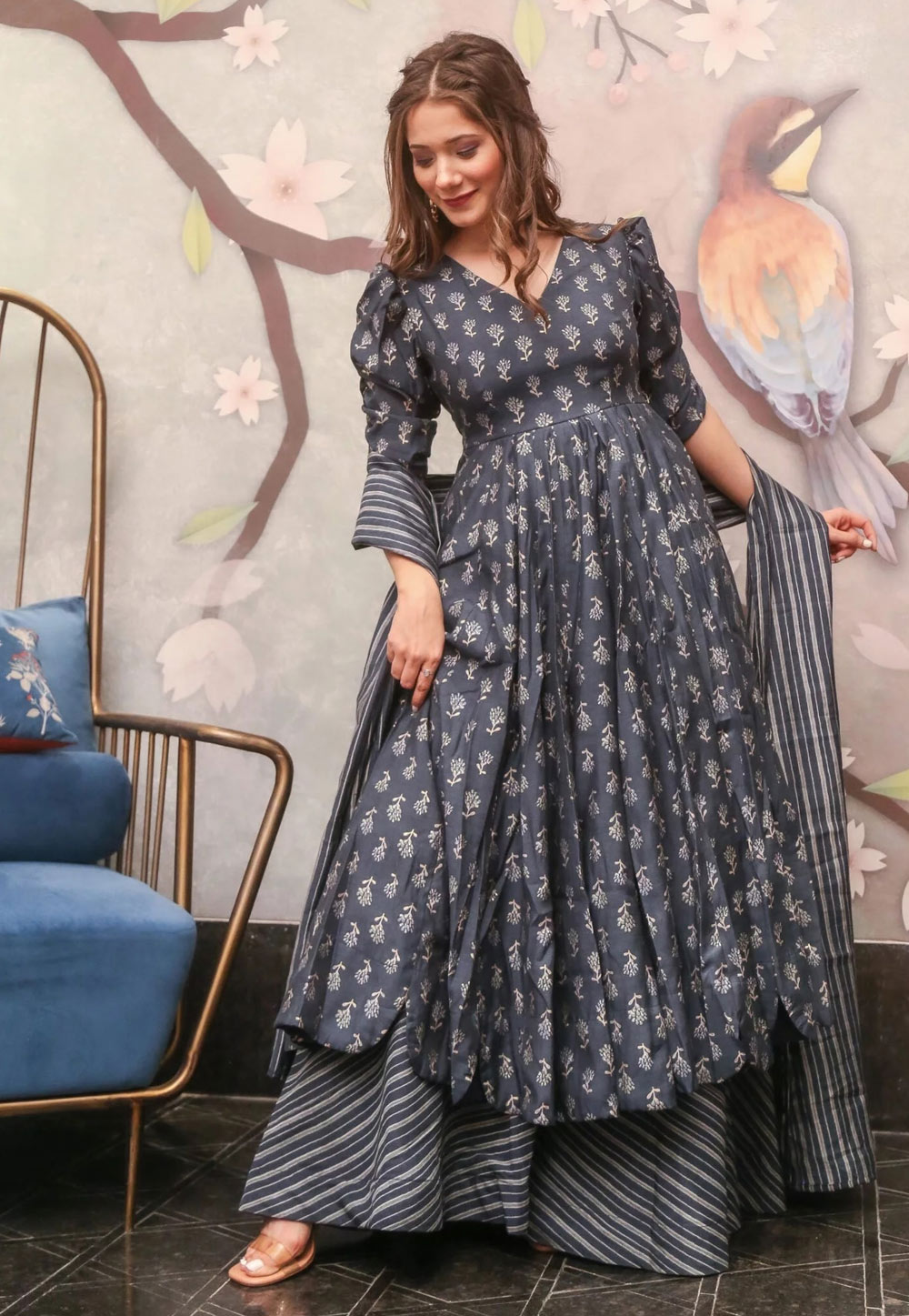 Grey Muslin Readymade Palazzo Suit 274502