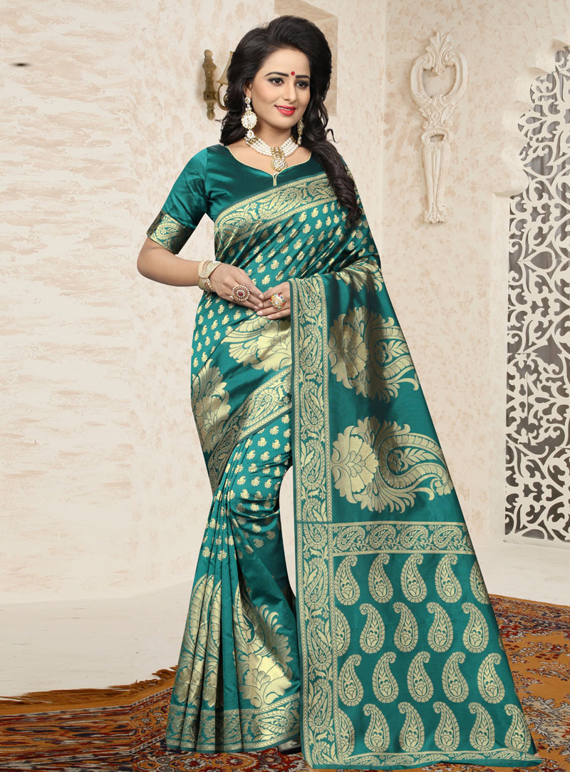 Teal Banarasi Silk Festival Wear Saree 129577