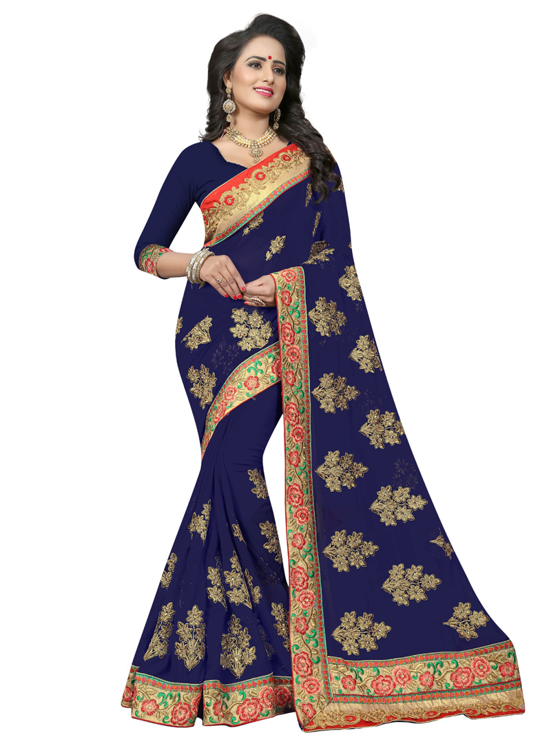 Navy Blue Georgette Festival Wear Saree 136656