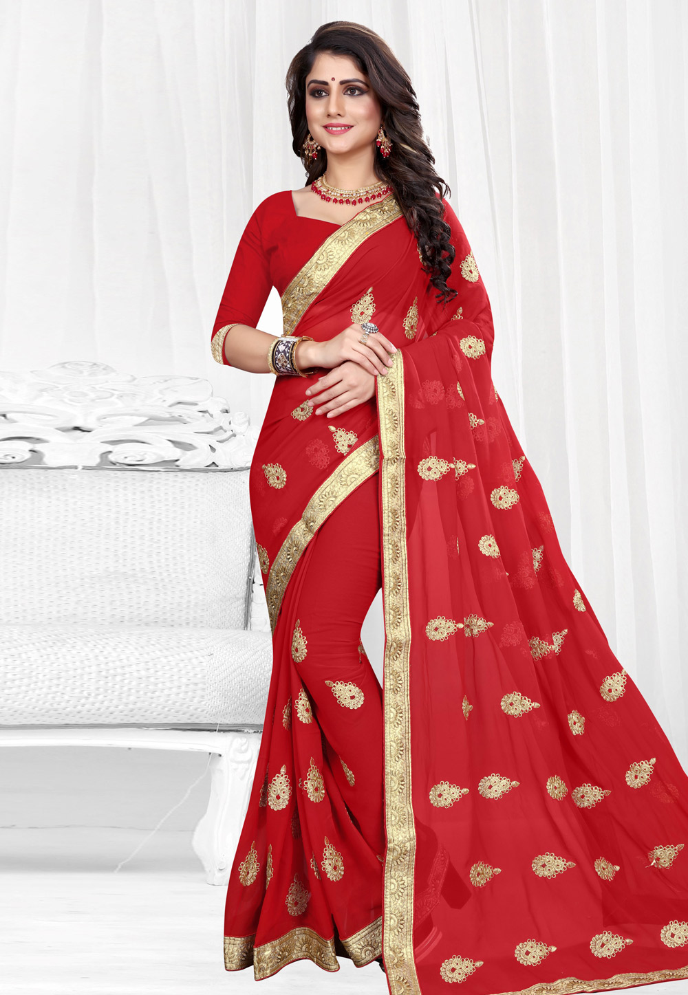 Red Georgette Saree With Blouse 154207