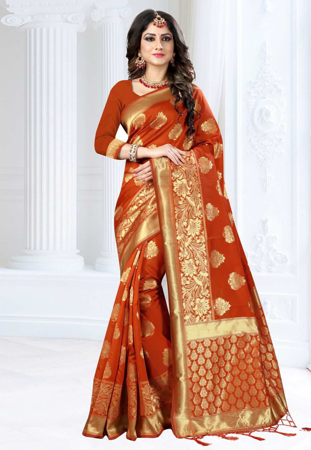 Rust Banarasi Silk Festival Wear Saree 155349