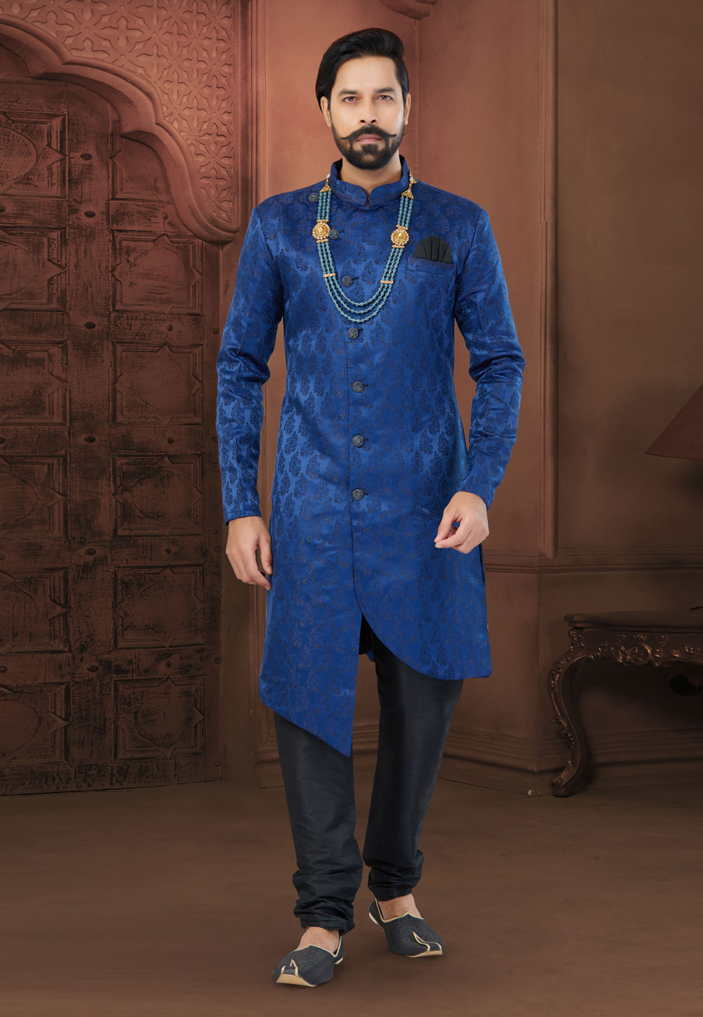 Navy Blue Jacquard Indo Western Sherwani 269879