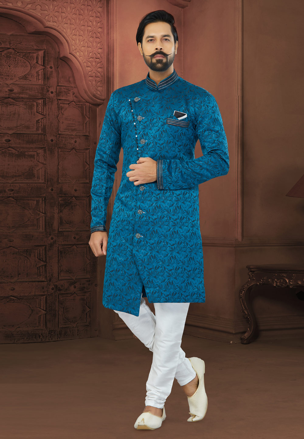 Blue Jacquard Indo Western Sherwani 269880