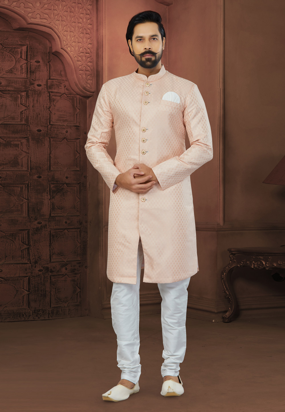 Peach Banarasi Jacquard Indo Western Sherwani 269881