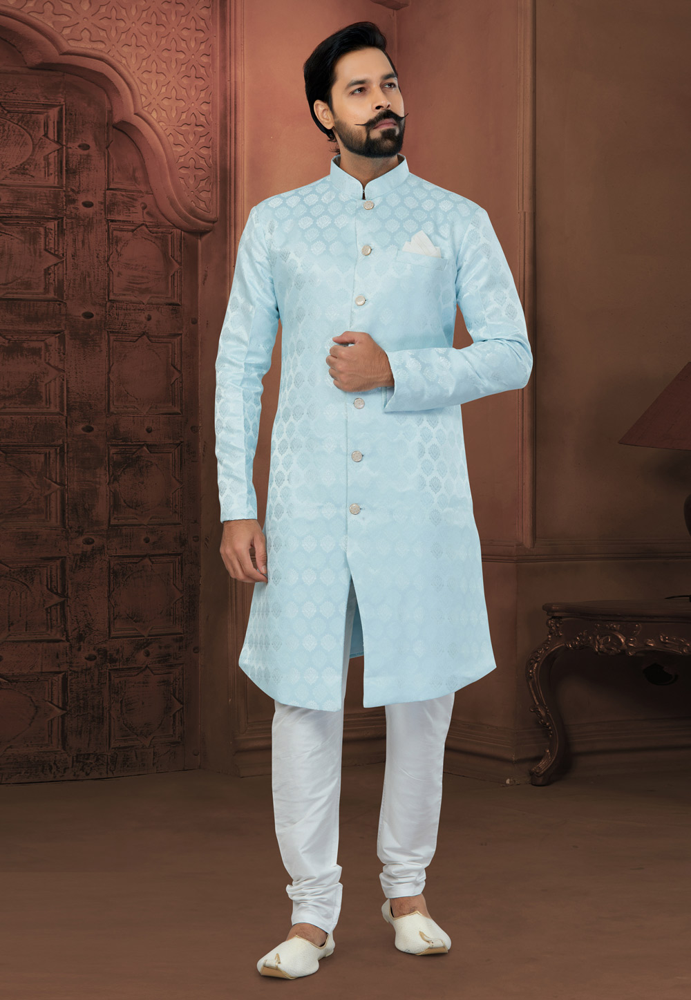 Sky Blue Jacquard Indo Western Sherwani 269882