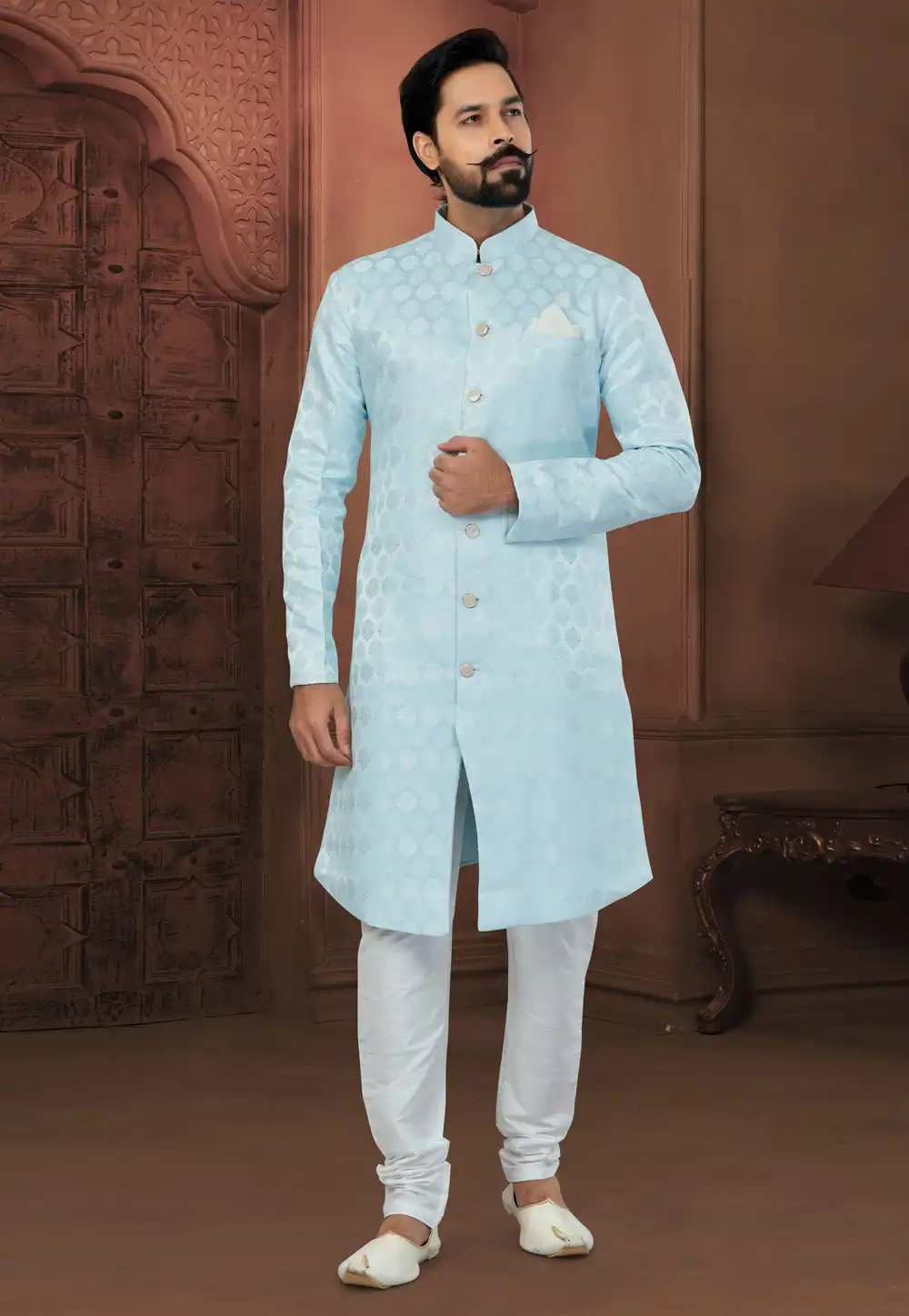 Sky Blue Jacquard Indo Western Sherwani 269882