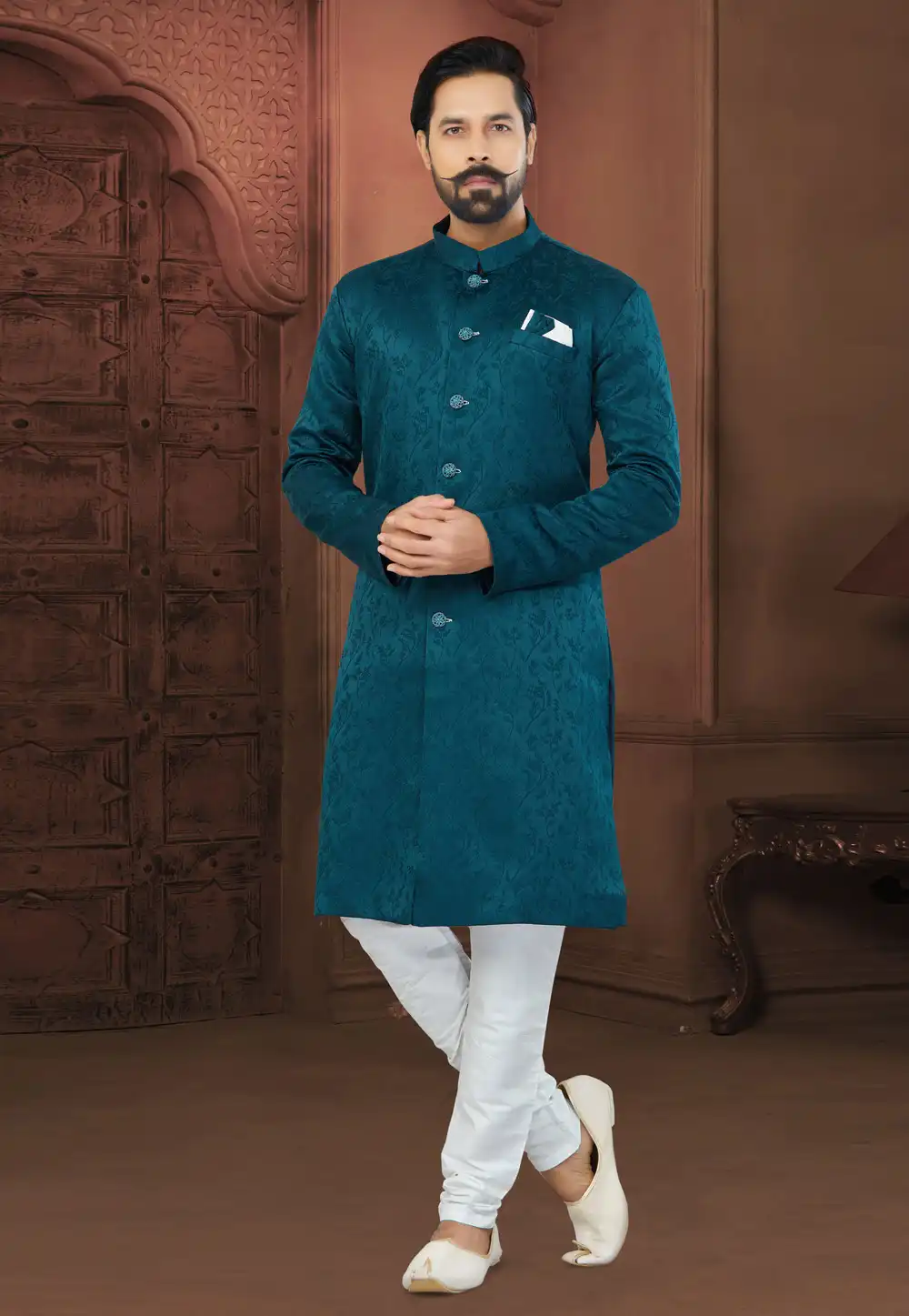 Teal Jacquard Indo Western Sherwani 269883