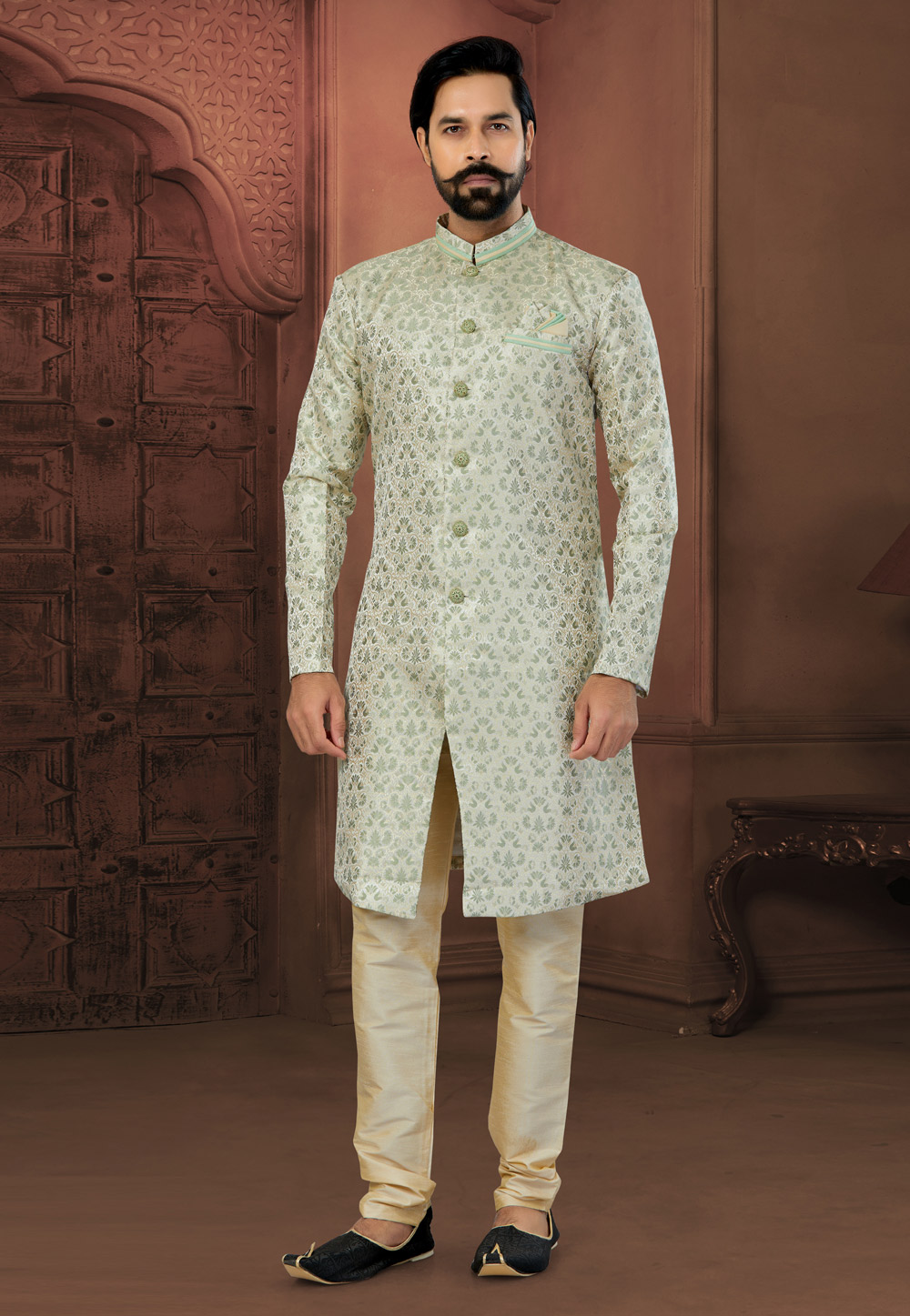 Cream Banarasi Jacquard Indo Western Sherwani 269885