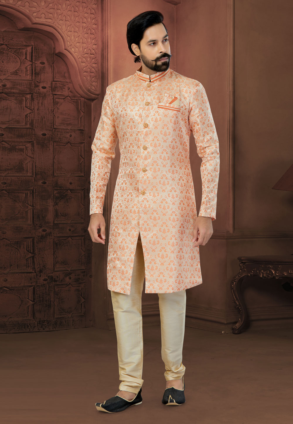 Peach Banarasi Jacquard Indo Western Sherwani 269886