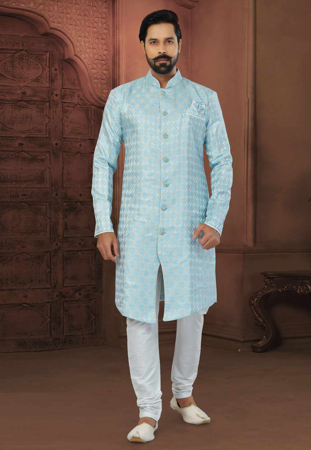 Sky Blue Banarasi Jacquard Indo Western Sherwani 269887