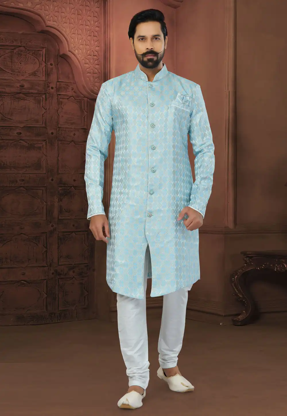 Sky Blue Banarasi Jacquard Indo Western Sherwani 269887