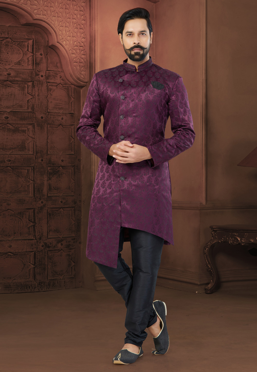 Wine Jacquard Indo Western Sherwani 269889