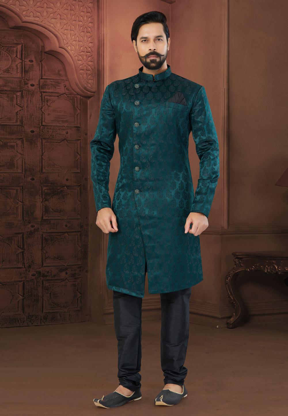 Green Jacquard Indo Western Sherwani 269890