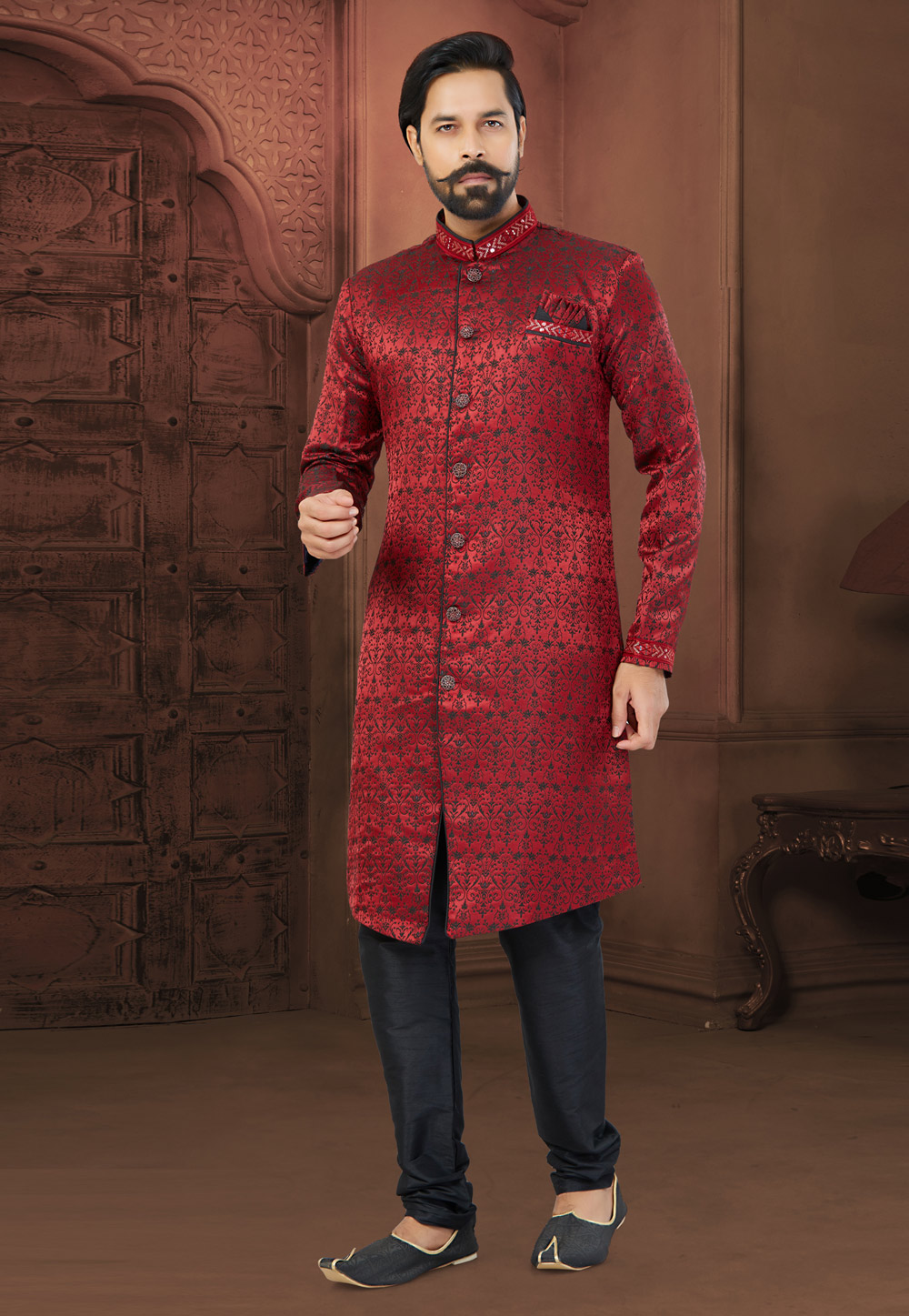 Maroon Jacquard Indo Western Sherwani 269891