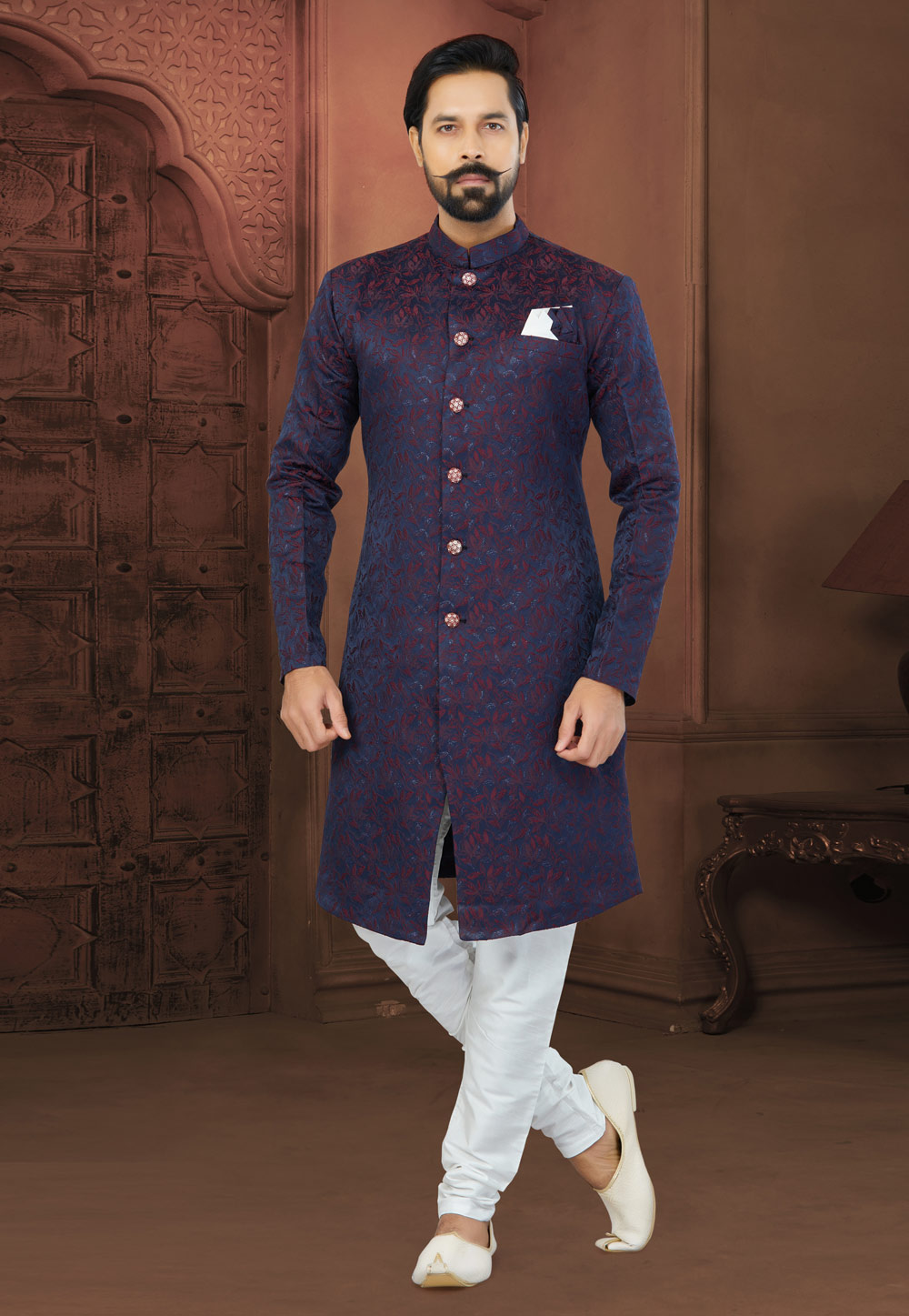 Navy Blue Jacquard Indo Western Sherwani 269893
