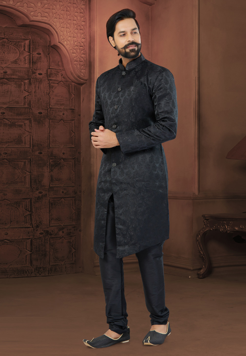 Black Jacquard Indo Western Sherwani 269894