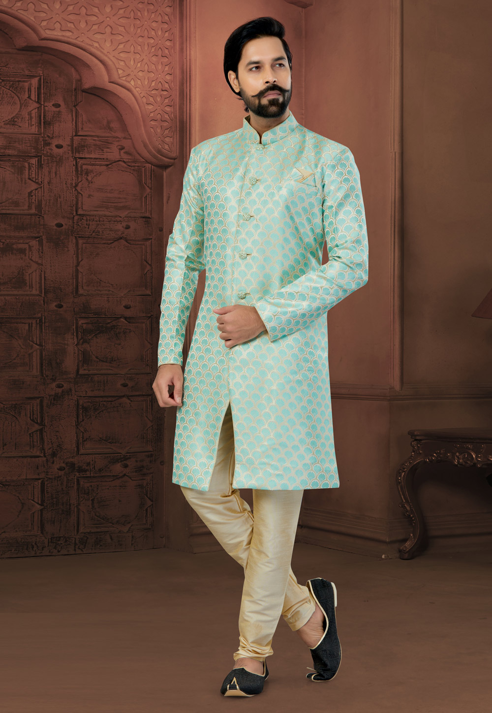 Sky Blue Banarasi Jacquard Indo Western Sherwani 269895