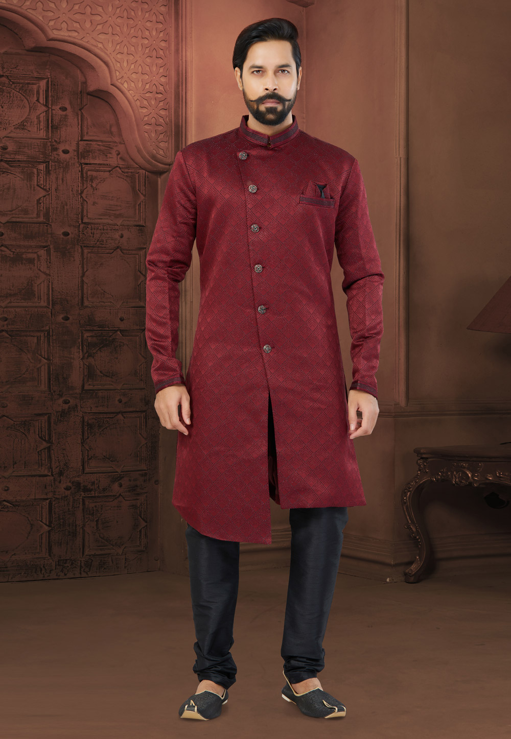 Maroon Jacquard Indo Western Sherwani 269896