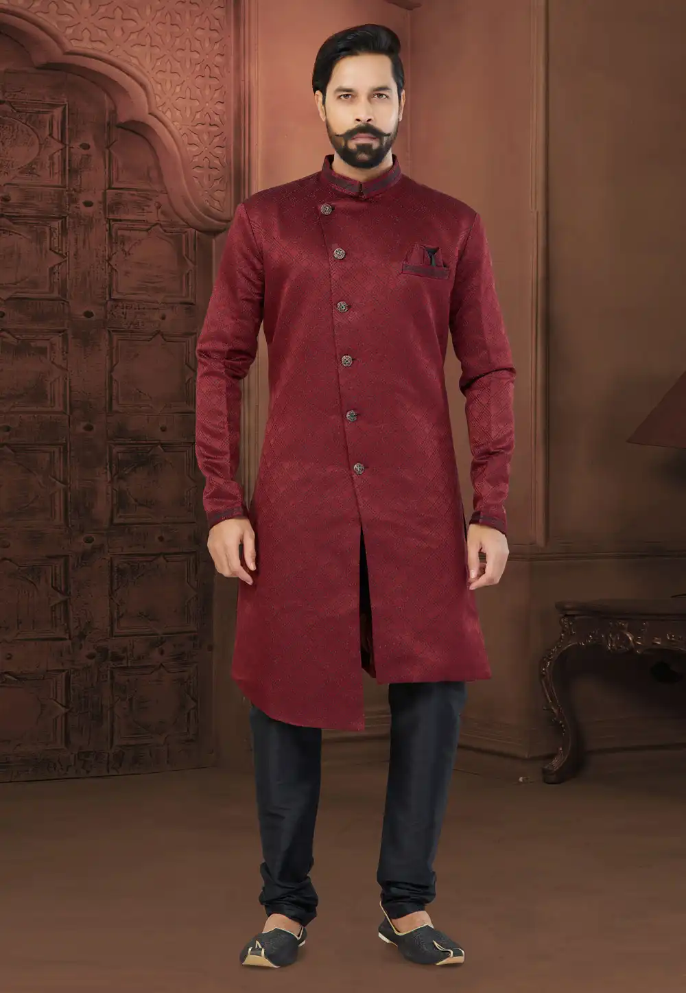 Maroon Jacquard Indo Western Sherwani 269896