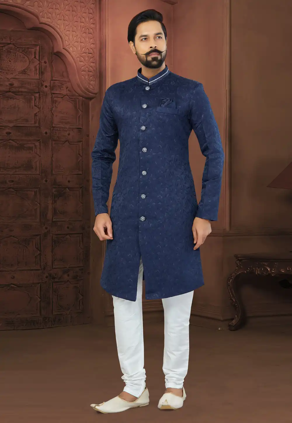 Navy Blue Jacquard Indo Western Sherwani 269897