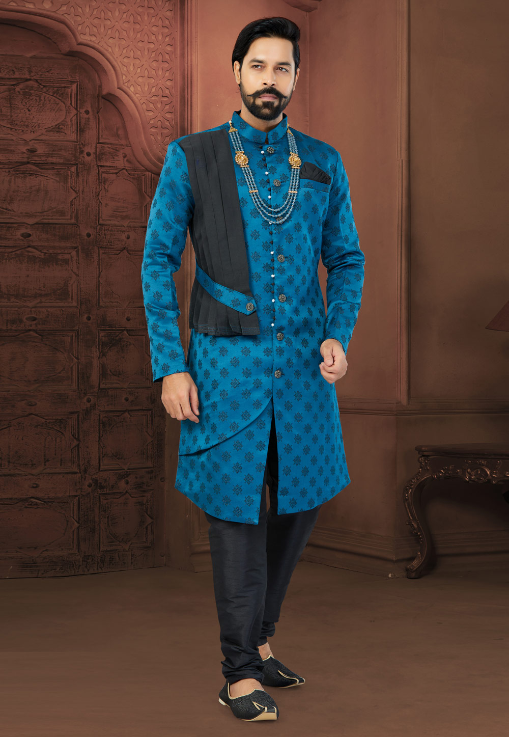 Blue Jacquard Indo Western Sherwani 269899