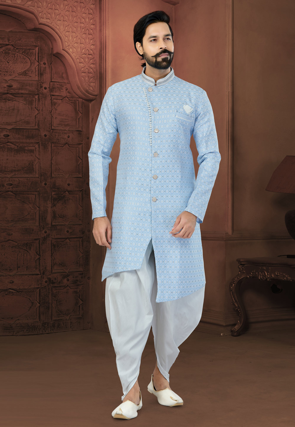 Sky Blue Banarasi Jacquard Dhoti Sherwani 269902