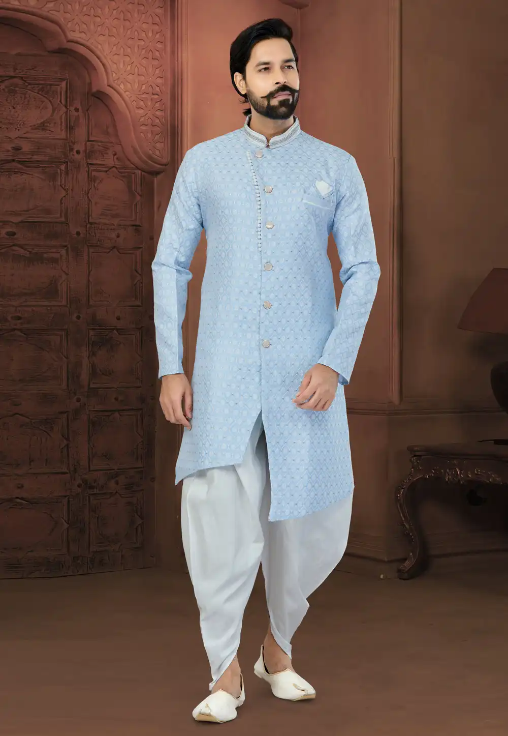 Sky Blue Banarasi Jacquard Dhoti Sherwani 269902
