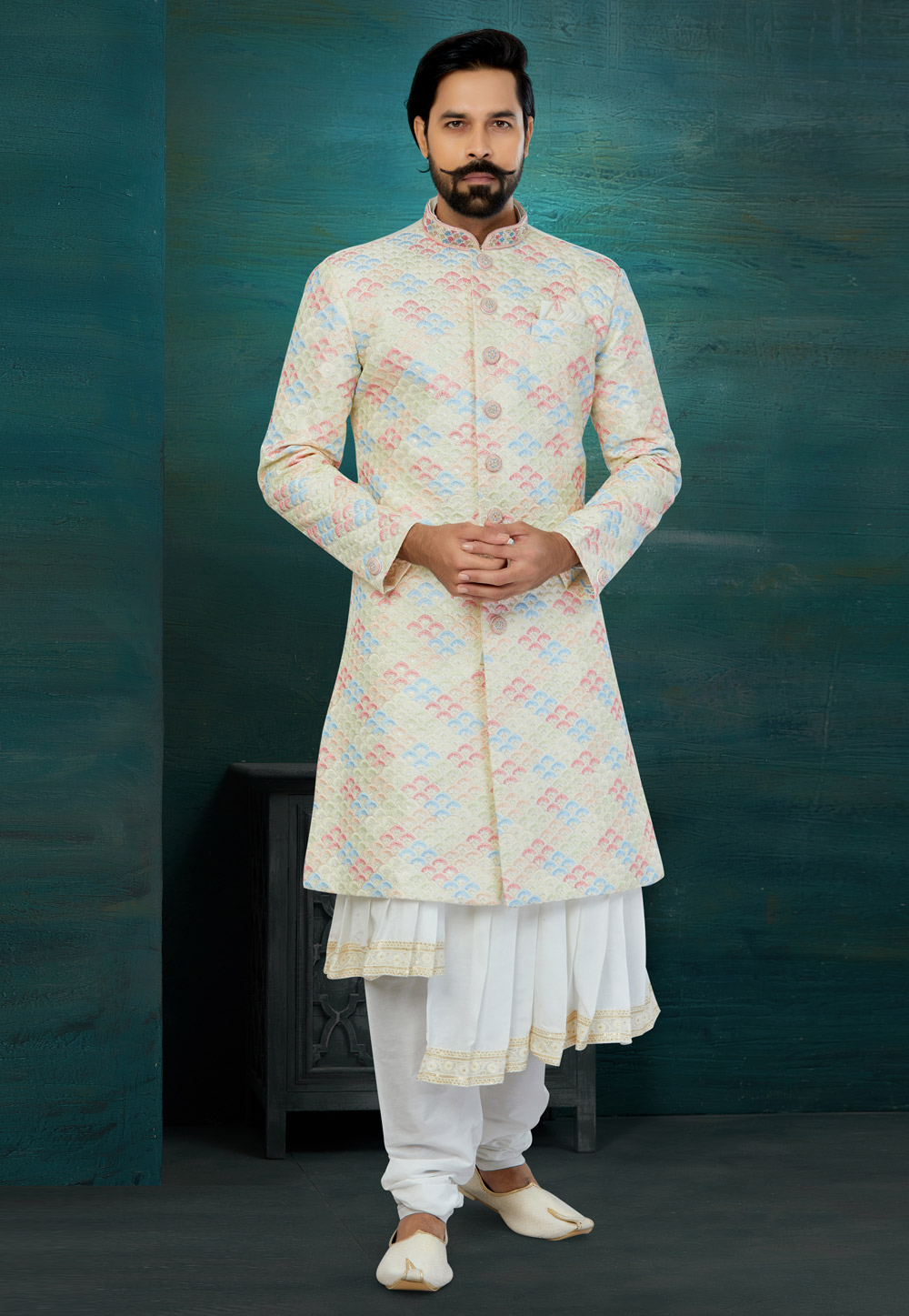 Cream Banarasi Jacquard Jacket Style Sherwani 269904