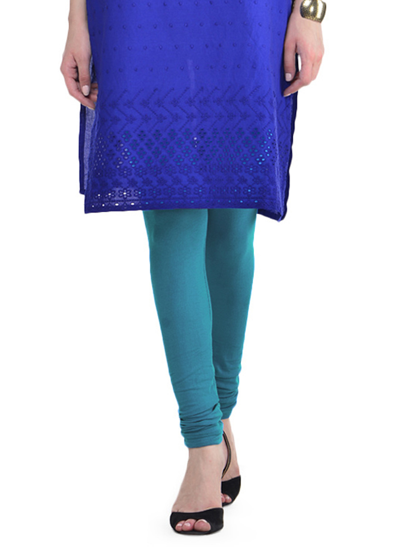 Turquoise Cotton Readymade Plain Leggings 117114