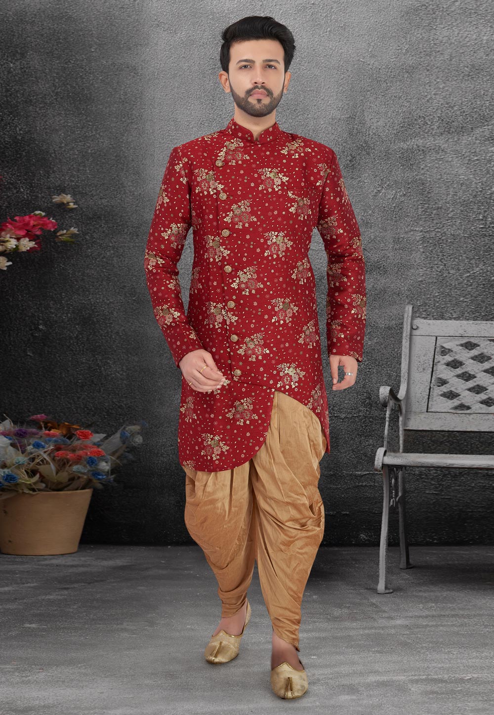 Maroon Jute Readymade Indo Western Suit 187137