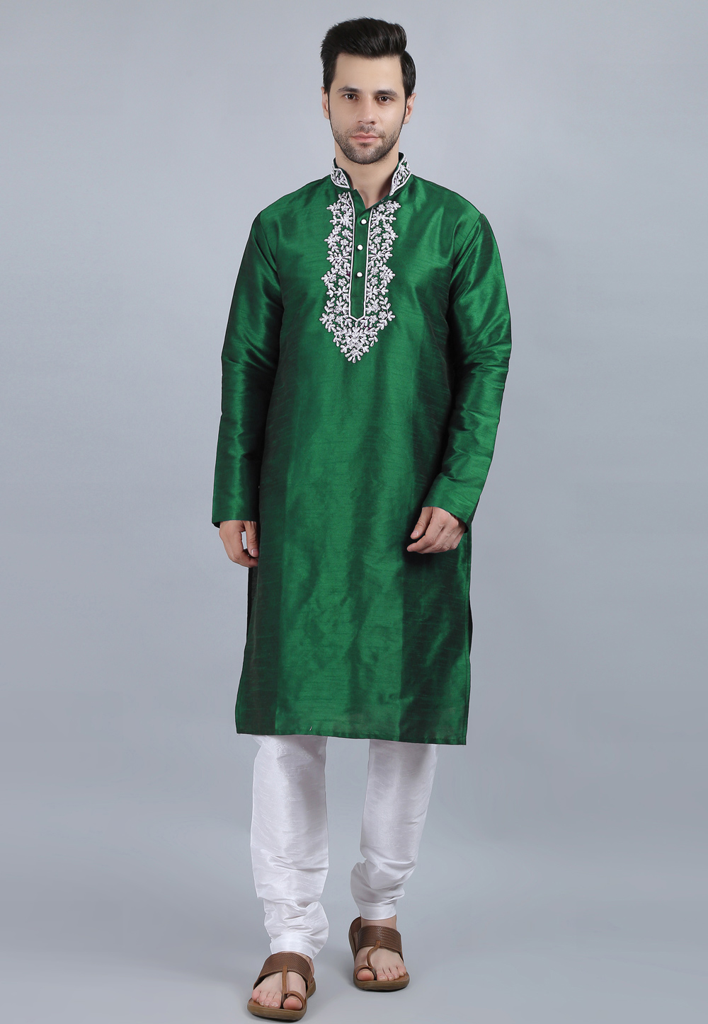 Green Dupion Silk Kurta Pajama 267896