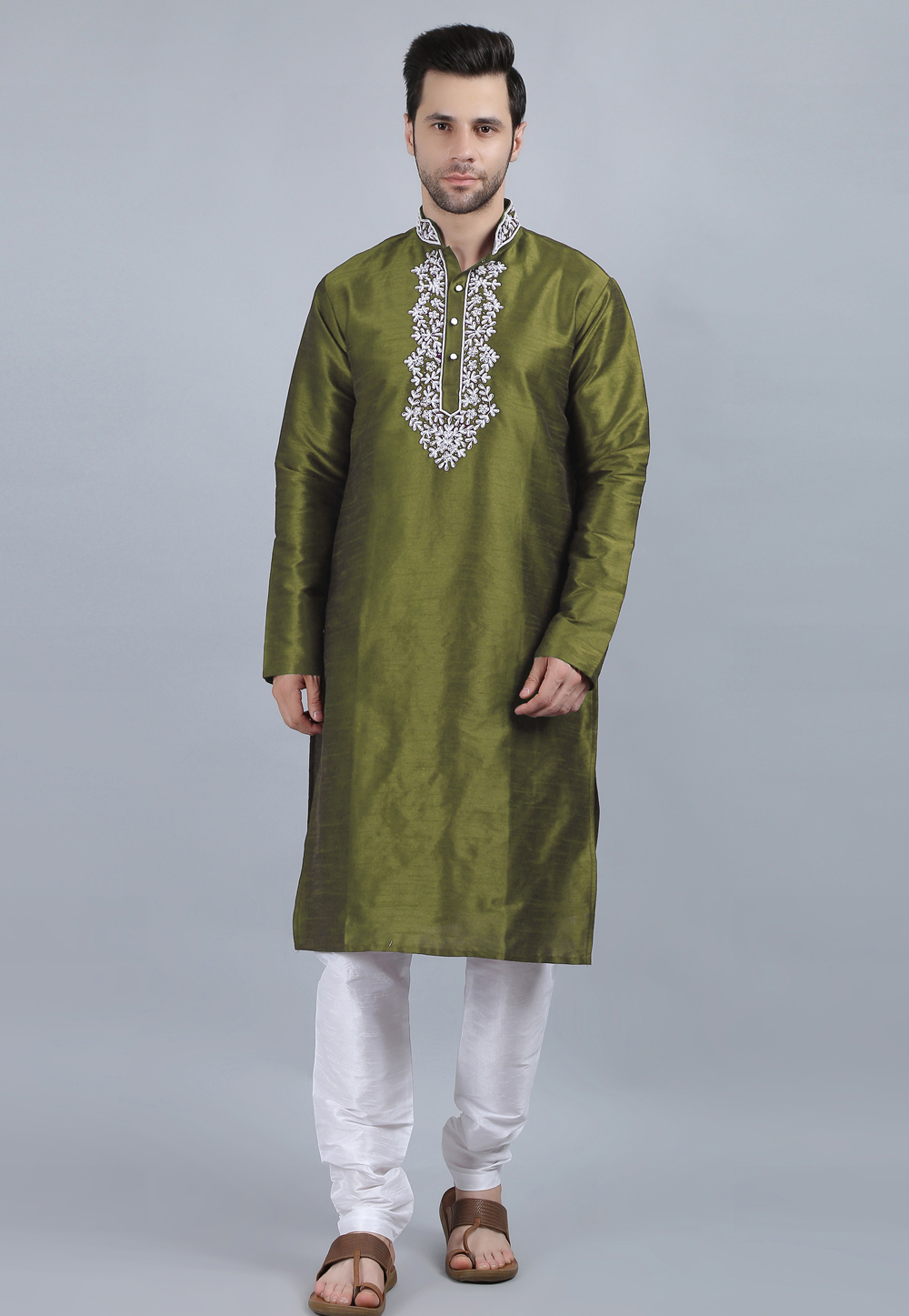 Mehndi Dupion Silk Kurta Pajama 267902