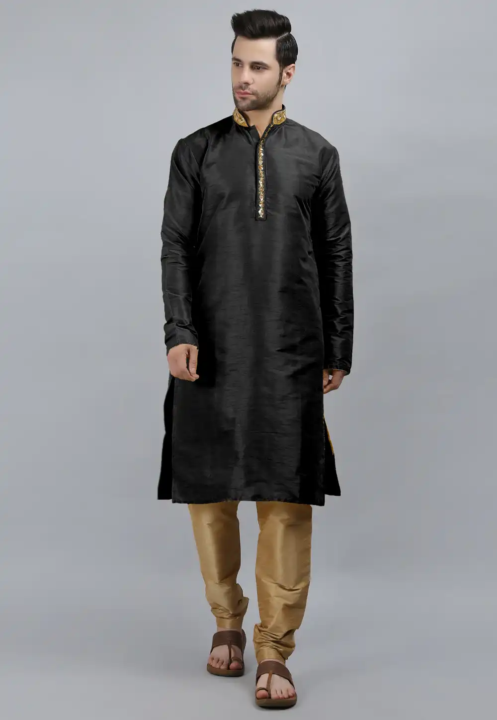 Black Dupion Silk Kurta Pajama 267903