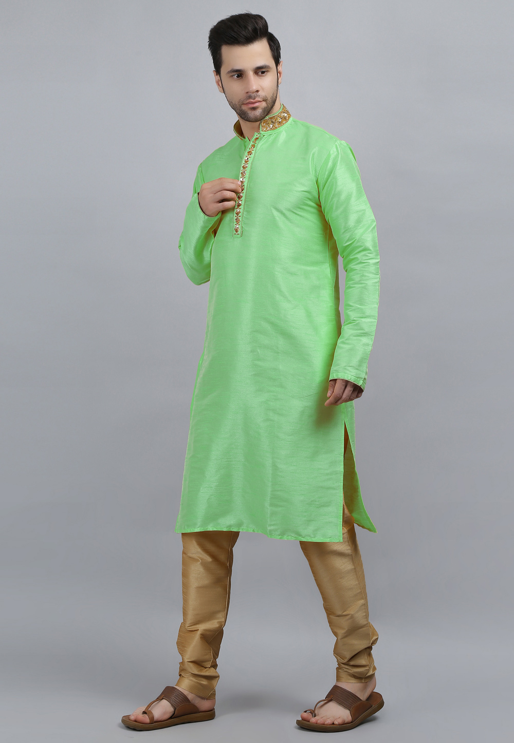 Light Green Dupion Silk Kurta Pajama 267906