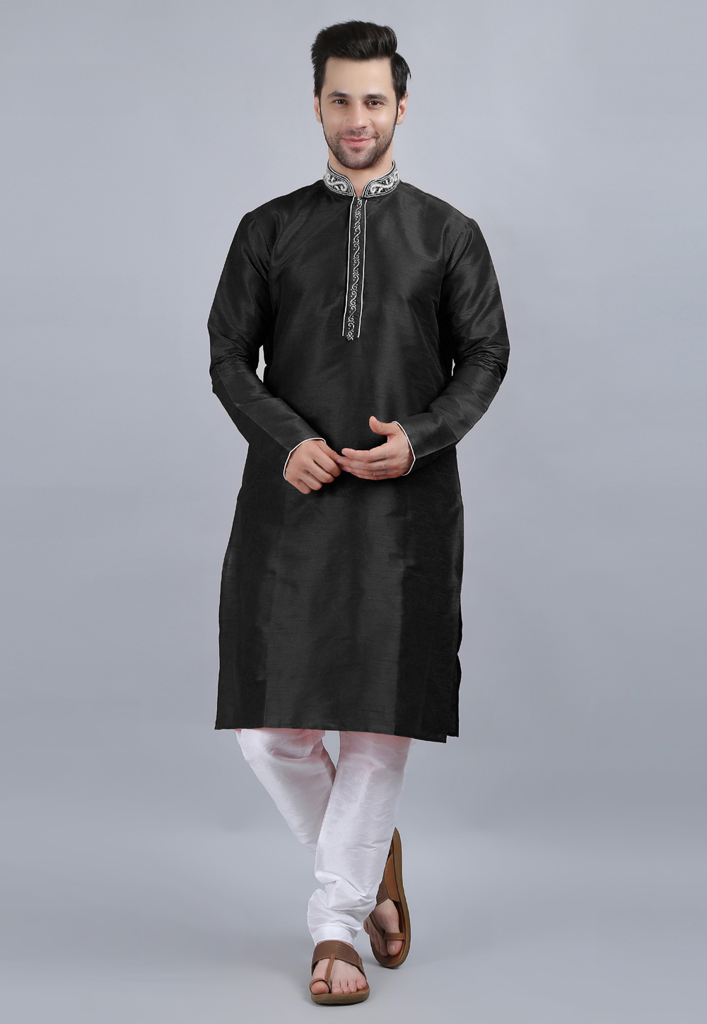 Black Dupion Silk Kurta Pajama 267911