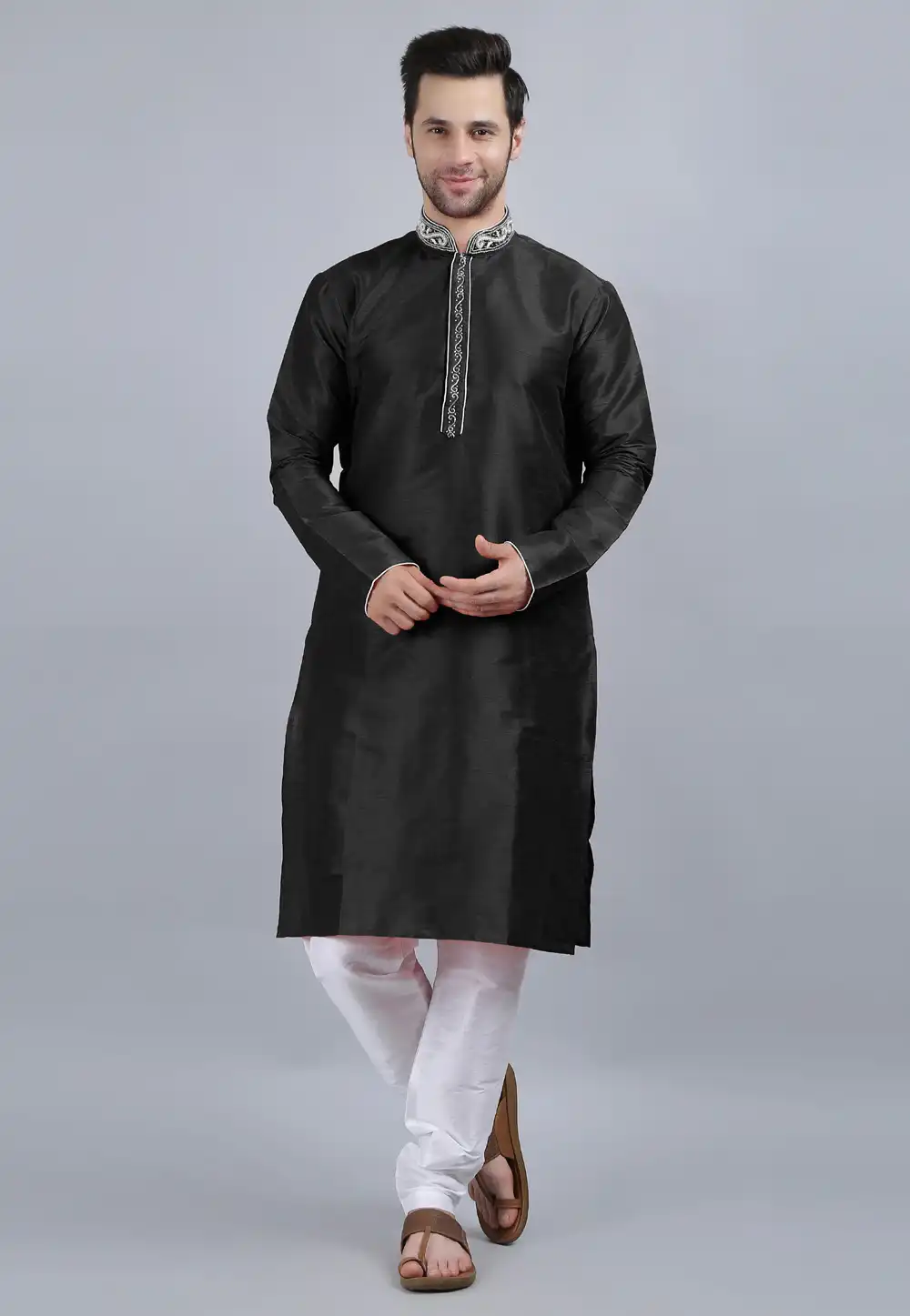 Black Dupion Silk Kurta Pajama 267911