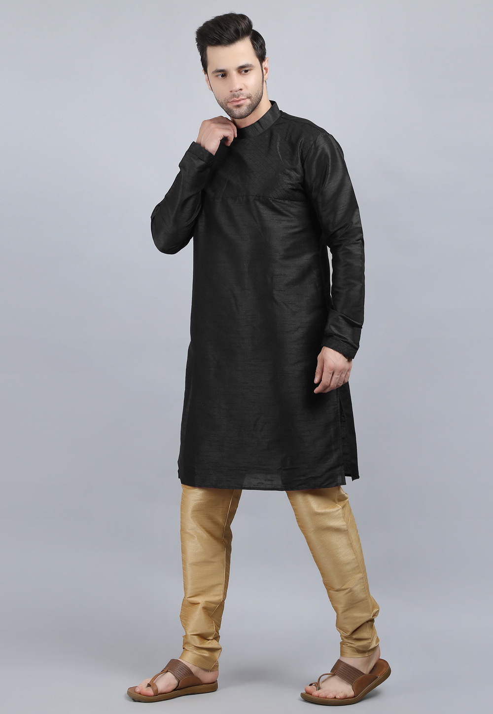 Black Dupion Silk Kurta Pajama 267919