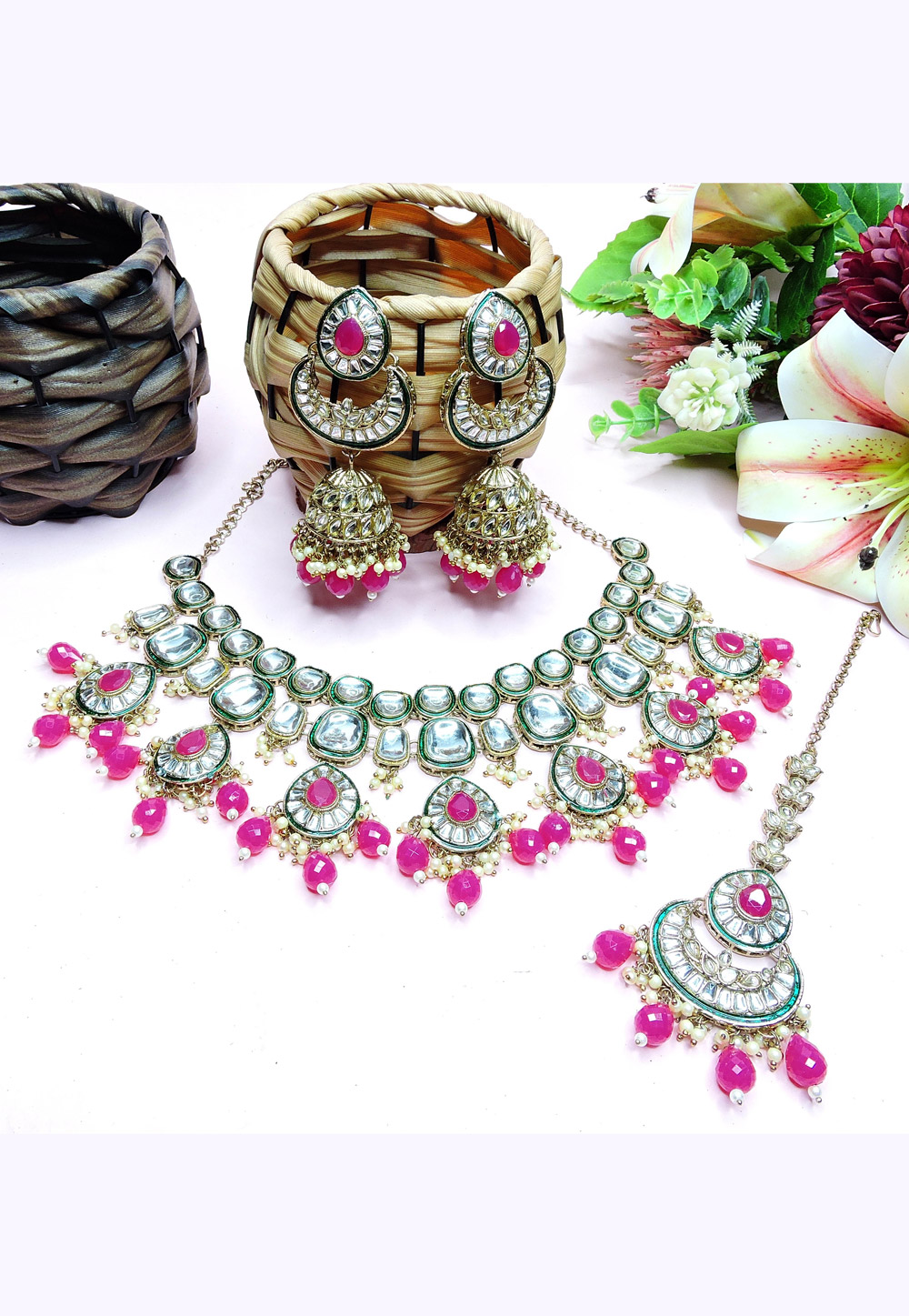 Magenta Alloy Necklace Set With Earrings and Maang Tikka 312387