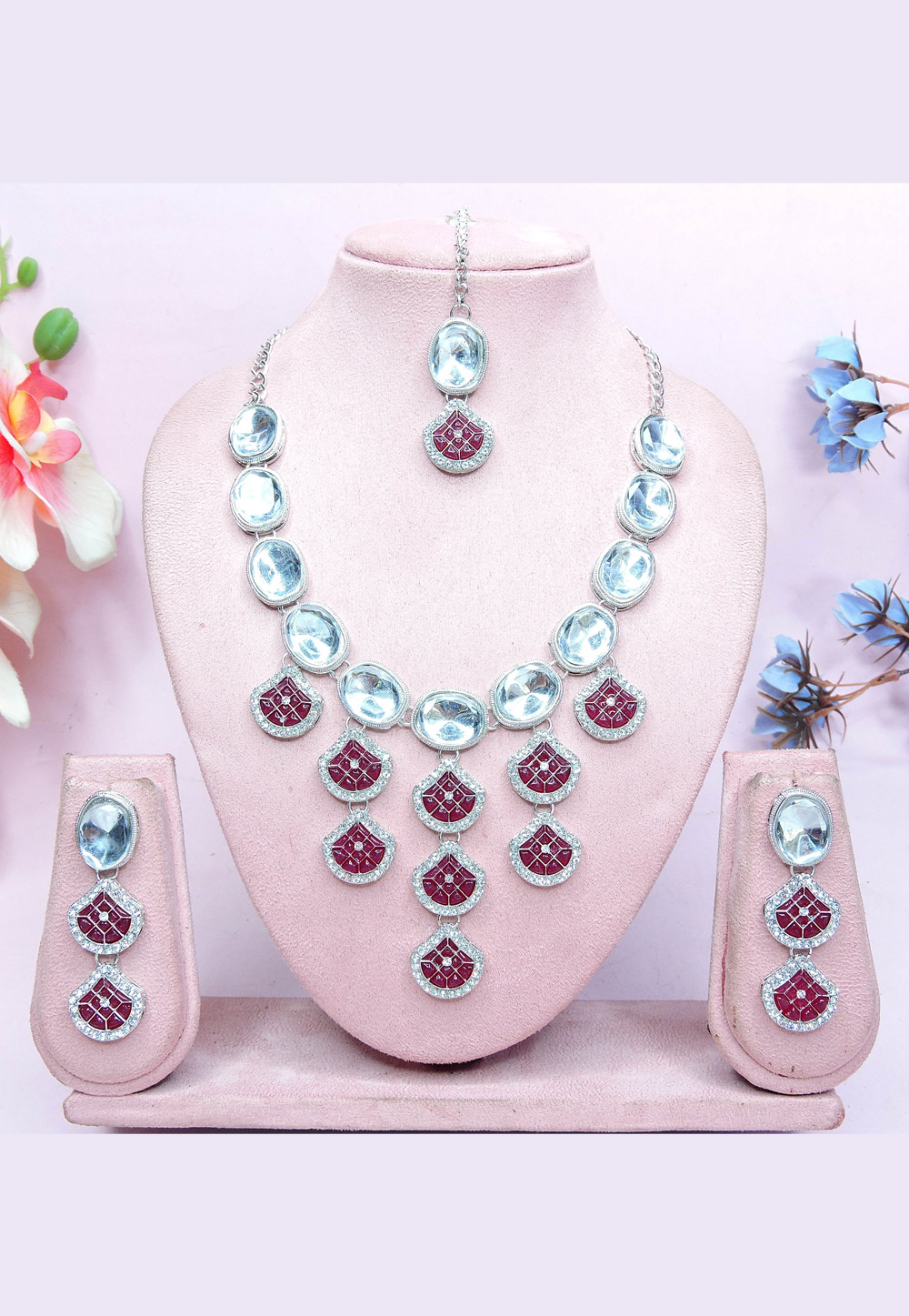 Magenta Alloy Necklace Set With Earrings and Maang Tikka 312447