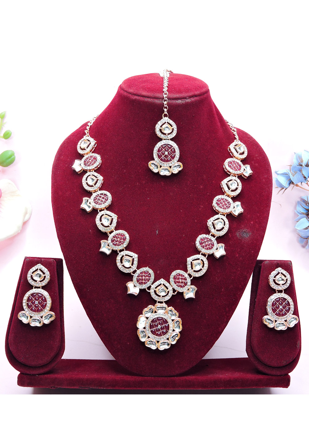 Magenta Alloy Necklace Set With Earrings and Maang Tikka 312755